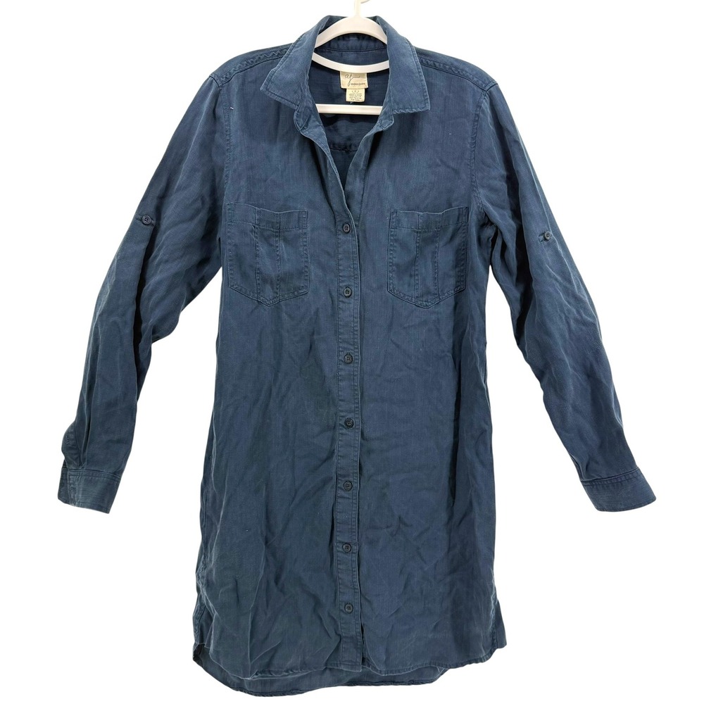 Andrea Jovine Navy Blue Tencel Button Down Shirt Dress Roll Tab Sleeve Size 8